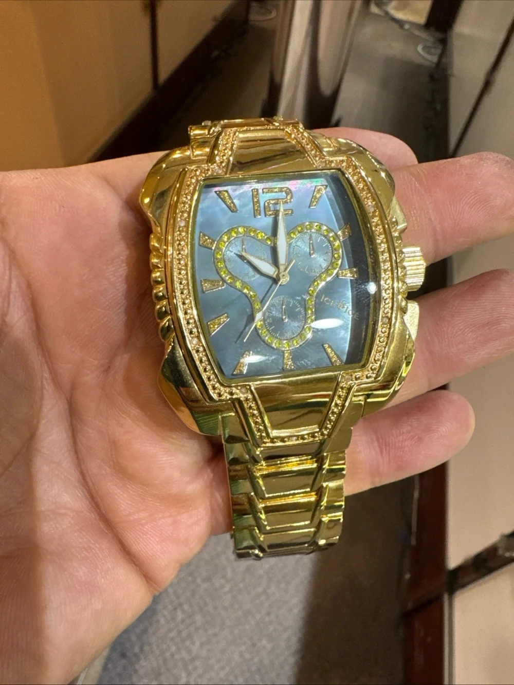 Ice Ice Gold Tone Diamond Watch Tonneau Case Not Working Double Push Clasp